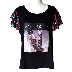 WHY DRESS Embellished Stilettos Ruffle Sleeve Tee XL